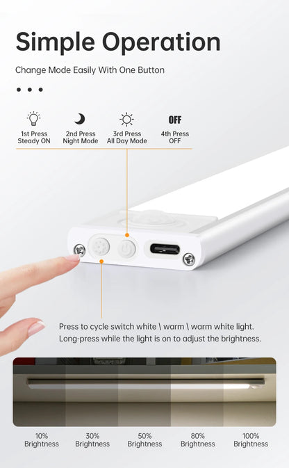 LED Motion Sensor Light Night Light Wireless USB Under Cabinet Light For Kitchen Cabinet Bedroom Wardrobe Sensor Indoor Lighting